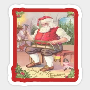 Vintage Merry Christmas Santa Claus Toy Workshop Sticker